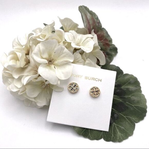 New Tory Burch Gold, Black Outline Round Stud Earrings - Picture 3 of 8